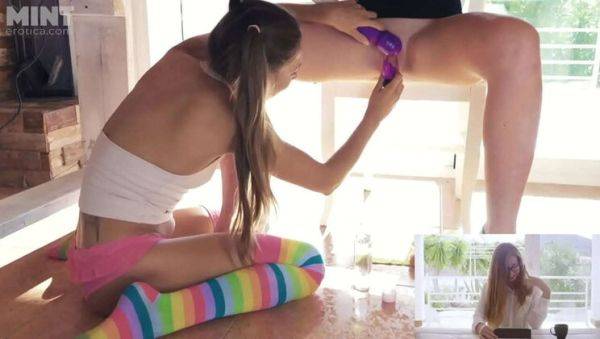 View this uncut clip : Talia Mint and Mia Rose Lesbian Fun: Pussy Fucking Under the Table Challenge