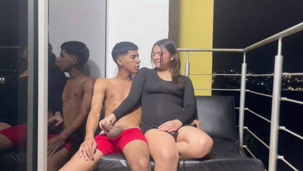 Watch the full clip : Step Sister Gets Wild on Balcony - Hardcore Outdoor Fuck and Cum Swallow