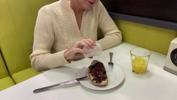 Watch complete video called : Mature MILF in Restaurant Eats Cum Off Food - Huge Cumshot Close-Up