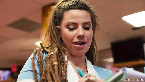 Stream this uncut scene : Hot Diner Threesome with Lucy Foxx & Jmac - Big Tits, Blowjob & Cumshot