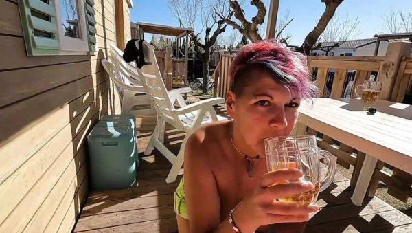 Play complete clip of : Outdoor Camping Blowjob - Brunette Sucking Dick on Terrace