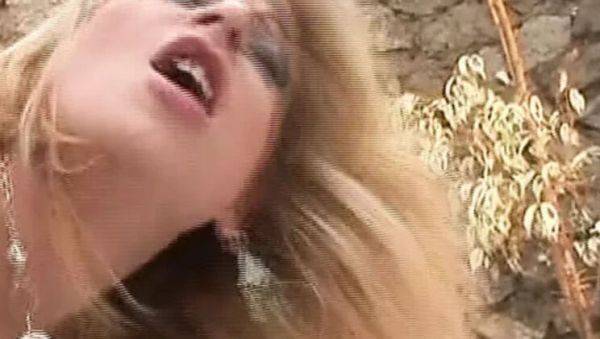 Watch HD scene titled : German MILF with huge tits fucks her man and uses dildo outdoor