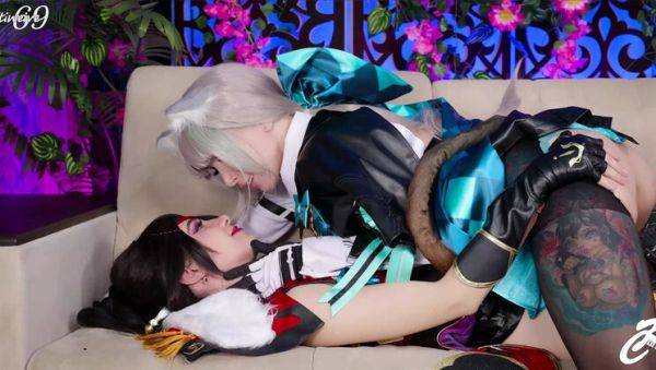 Play hardcore video : Genshin Impact Cosplay Anal: Lynette & Beidou Take Big Dildos in Their Asses