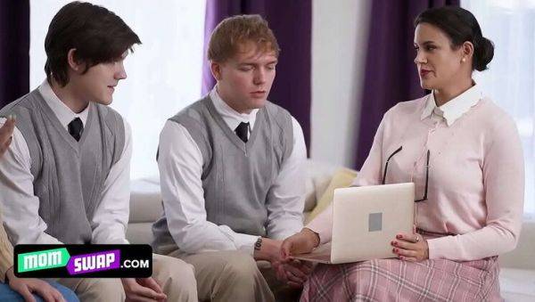 View this uncensored scene : Strict Religious Stepmoms Swap Teens - Penny Barber & Ashley Wolf Teach Naughty Boys A Lesson