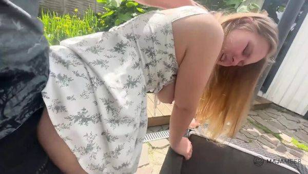 Stream the uncensored scene titled : Hot German Amateur Maja Meer Fucks Outdoors in Summer Dress - Big Tits & Creampie