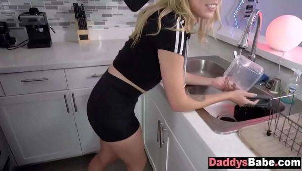 View the full scene : Blonde Teen Stepdaughter Fucked Hard by Stepdad While Doing Dishes