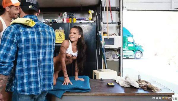 Enjoy watching full movie titled : Hot Threesome with Ryan Reid & Victor Ray - Big Tits Blonde Brunette Fuck at Truckstop