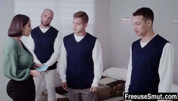 Play this full scene of : Victoria June Hot MILF Step Mom Fucks 3 Orphan Boys Gangbang