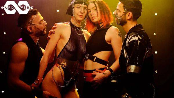 View this uncut scene named : Hot Foursome in Berlin Club - Brunette & Redhead Give Blowjob & Hardcore Sex