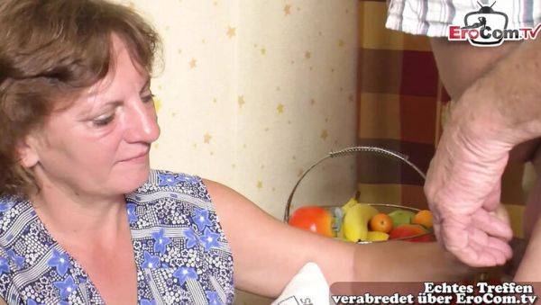 Watch the complete video of : German MILF Cleaning Lady Fucks Older Couple in Hot FFM Threesome