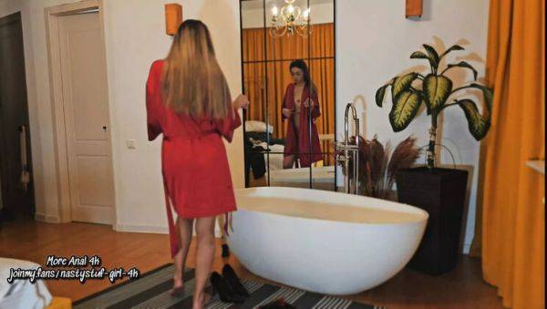 Play the complete clip titled : Asian MILF in Red Robe Gets Dirty in Hot Bath - Deep Anal & Creampie