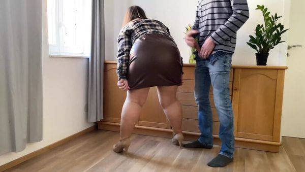 Enjoy watching the complete video titled : Horny MILF in Leather Skirt Gets Huge Cumshot on Her Fat Ass - OurFetishLife
