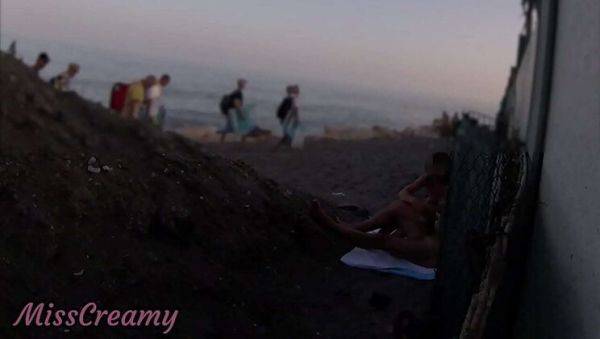 Stream this uncut video : Stepdaughter Helps Dad Cum on Public Beach - Risky Outdoor Sex with Misscreamy