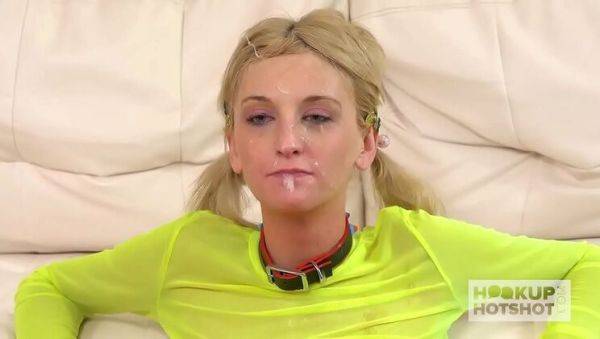 Play the full clip of : Skinny blonde teen Tallie Lorraine takes rough face fuck from daddy