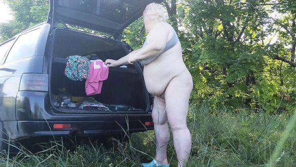 Enjoy watching this hardcore movie called : Mother-in-law solo masturbation outdoors with big natural tits and ass