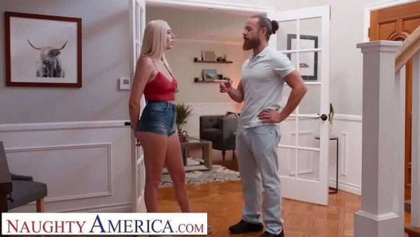 Play the complete scene of : Blonde Sorority Babe Kay Lovely Fucks Neighbor in Lingerie - Big Tits & Stockings