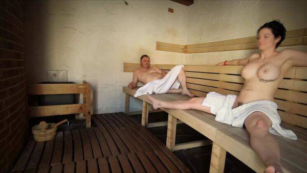 Play full clip : Hot MILF Dada Deville Squirts in Public Sauna - Fast Risky Fuck & Blowjob