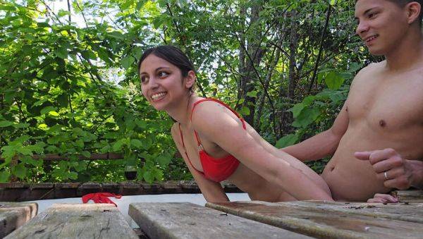 Watch the uncensored video : Wild Forest Fuck with Petite Teen and Big Cock Lover - Rough Doggystyle & Creampie