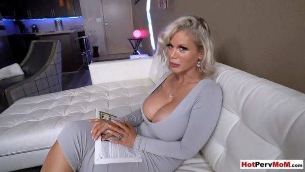 Play this uncut scene of : Busty blonde MILF stepmom gives handjob to stepson