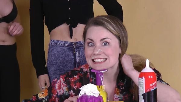 Play this uncut video of : Helena Price & Olive Glass Lesbian Strip Game - Busty Babes Take Turns with Chocolate Cream Facial