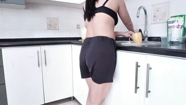 Watch the uncut clip called : NadiaAlmer in Sexy Black Dress Prank Art – Hot Ebony Babe Fucks in Kitchen Cheating Video