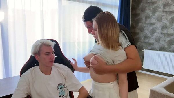 Play full scene titled : Step Dad Takes Virgin Step-Son's First Time with Busty Girlfriend - MMF Threesome POV Blowjob & Missionary