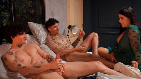 Enjoy watching this hardcore scene of : Stepmom Catches Stepson and Friend Jerking Off - Teaches Them a Hot Lesson with Blowjob and Threesome