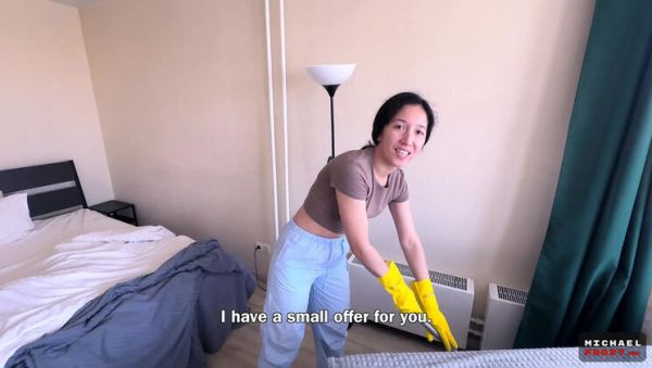 Play the complete scene titled : Asian MILF Cleaning Lady Fucks For Money - POV Blowjob & Facial Cumshot