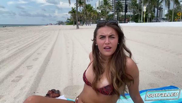 View uncut video named : Selina Bentz Gets Filled on the Beach - Brunette with Tan Lines Takes Big White Cock Doggystyle & Cowgirl for a Creampie