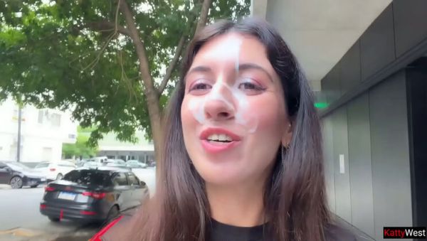 View complete movie of : Katty West Brunette Skinny Amateur Public Cumwalk - Huge Facial Cumshot on Street