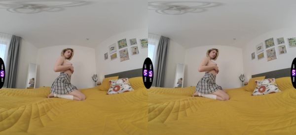 Play this hardcore movie named : Blond bombshell Mila teases in a miniskirt as she pleasures her shaven pearl with fingers