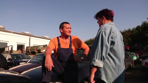 Enjoy watching this hardcore clip : Car Junkyard Sex - Amateur German Staff & Customer Threesome Fuck with Big Tits Annette