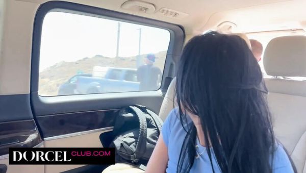 Stream the uncensored video of : Brunette Big Tits Cowgirl Riding in Car Threesome - Double Blowjob MFM Road Trip Sex