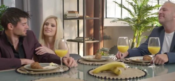 Stream this complete clip of : Hungry Candee Devours Two Hard Dicks During Breakfast