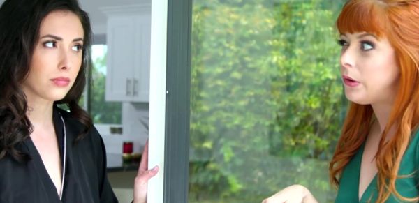 Stream this complete video : Brunette lesbian fucking her nosy redhead milf neighbor