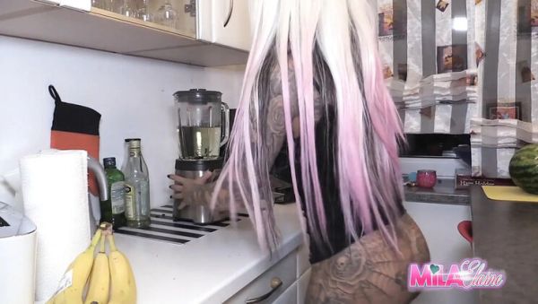 Stream the full scene called : 18yo Mila Elaine Shows Off Her Huge Tits and Squirts in the Kitchen