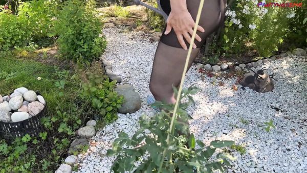 Enjoy watching full scene of : Mature Wife in Sheer Pantyhose Gets Fucked Hard in the Garden by Her Horny Old Man