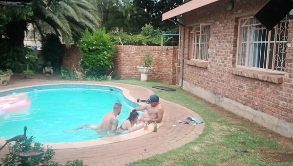 Enjoy watching this hardcore scene called : Horny Babe Gets Two Cocks by the Pool - Blowjob & Doggy