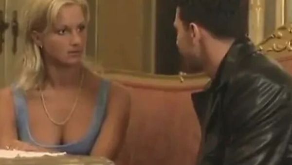 Enjoy watching this uncensored clip of : Blonde bitch sucks boy's juicy cock on couch