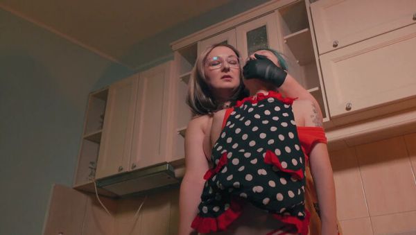 Enjoy watching this full video titled : Big Stepmom in Gloves Inspects Skinny Stepdaughter in Kitchen Humiliation