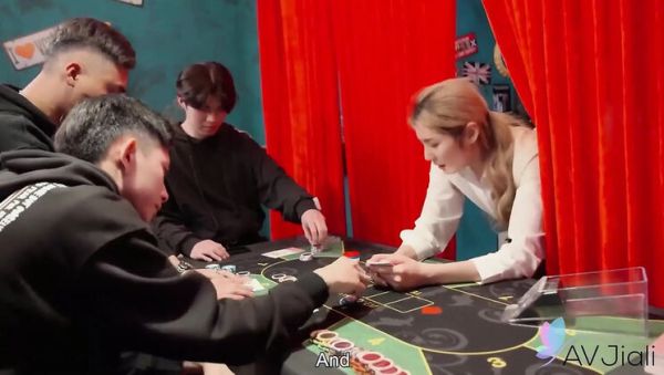 Enjoy watching complete scene called : Sexy Blonde Taiwan Girl Dealer Fucks Three Guys at Work