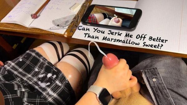 Play the uncut movie called : Marshmallow Sweet Japanese Schoolgirl Handjob Under Table Better Than Jerking Off