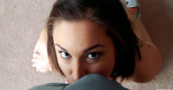 View hardcore video titled : Amateur Gabby in skimpy bikini kneels on the couch